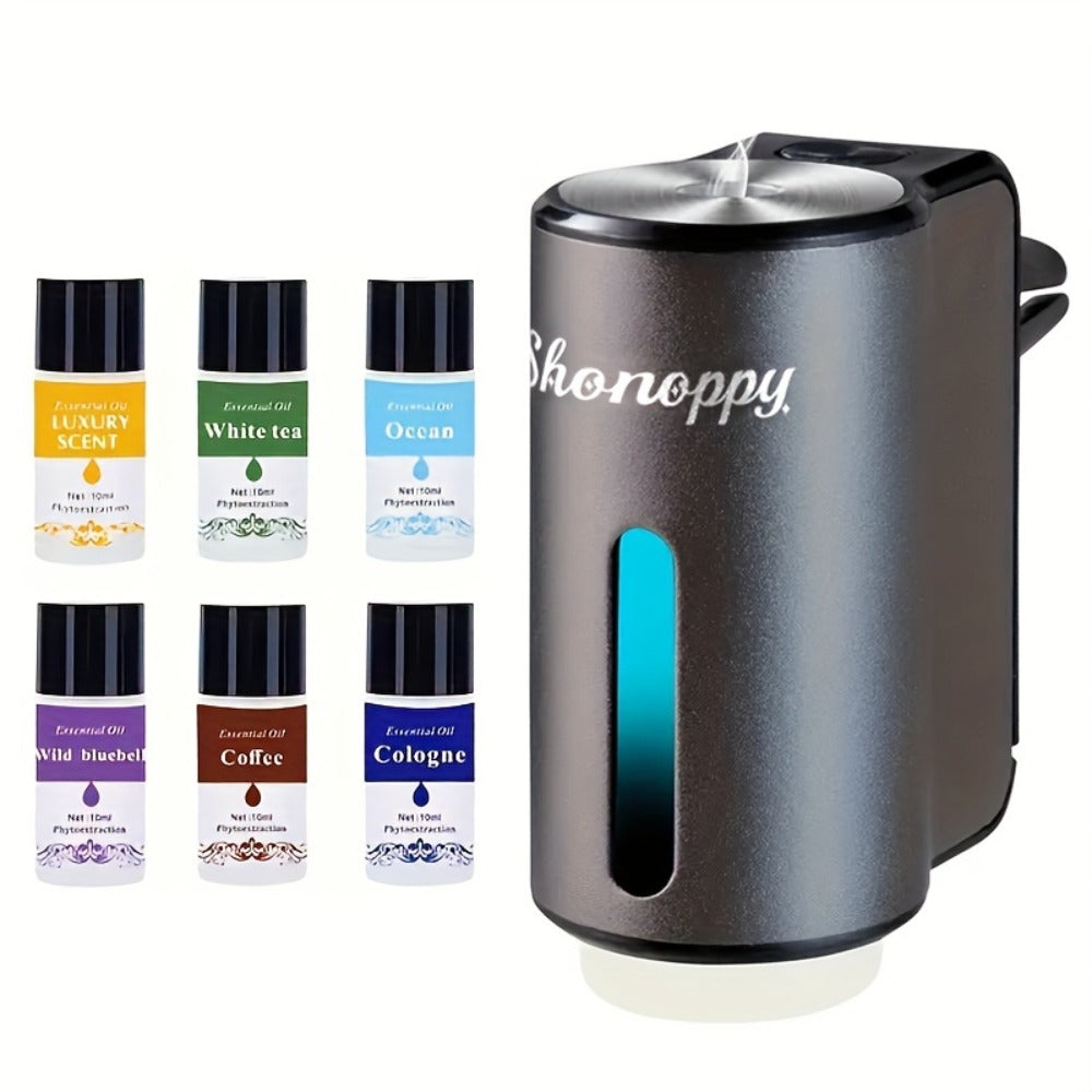 Car Air Freshener Serenepy Waterless Vent Diffuser with USB Power, Three Intensity Levels and 3- or 6-Bottle Options