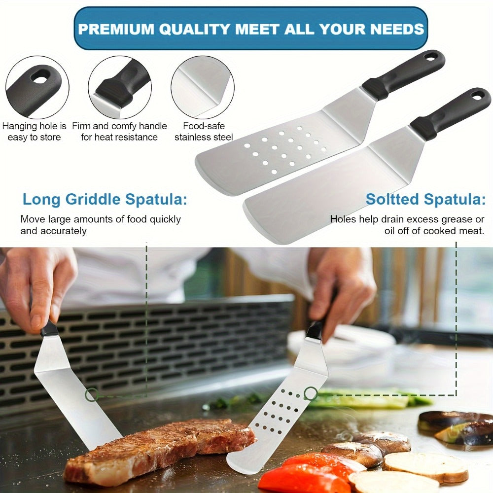 Griddle Accessories Kit 34 Piece Stainless Steel – Flat Top Grill Set with Enlarged Spatulas, Basting Cover