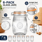 Mason Jars 6-Pack, 32 oz Wide-Mouth Glass Canisters with Hinged Lids and Sunflower Pattern for Coffee, Sugar, Beans and Spices