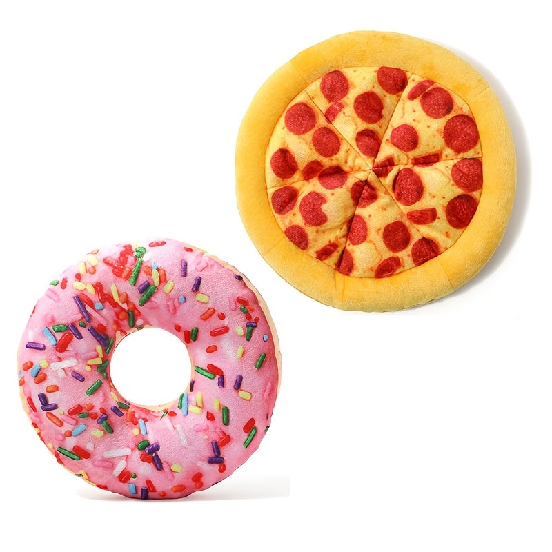 Dog Toy Pizza or Donut Plush with Built-In Squeaker and One or Two-Piece Pack Options for All Breeds
