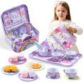 Purple Unicorn Tin Tea Set in Carry Case with Teapot, Four Cups, Four Saucers and Five Plates