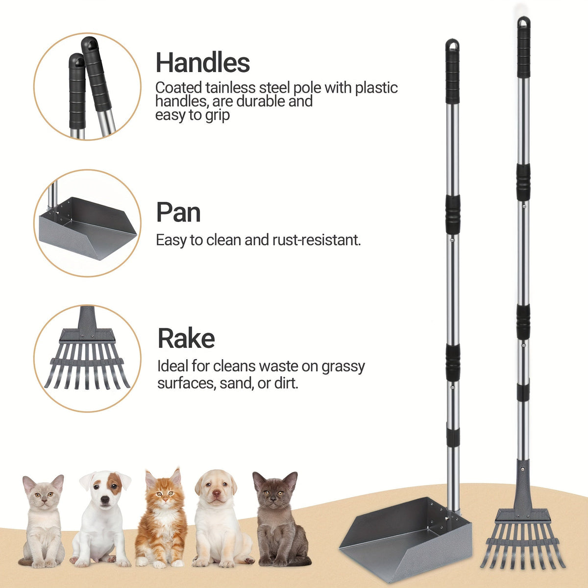 Long-Handle Pet Waste Rake and Tray Set with Two Three-Section Handles and Nine Color Options