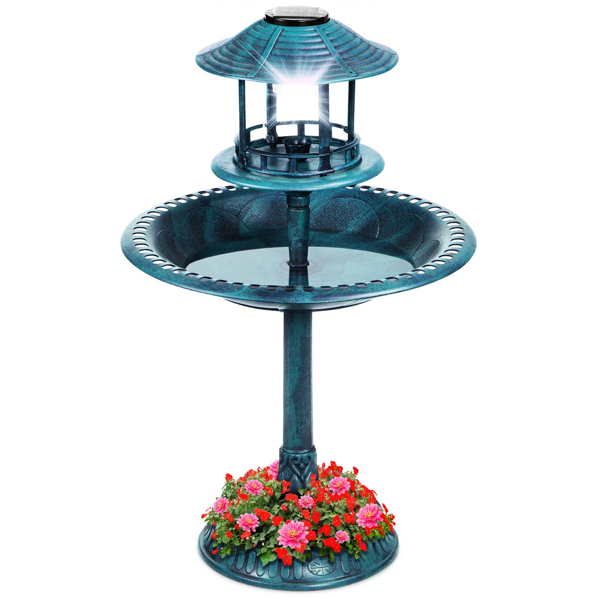 Solar Lighted Pedestal Bird Bath Peacock Blue