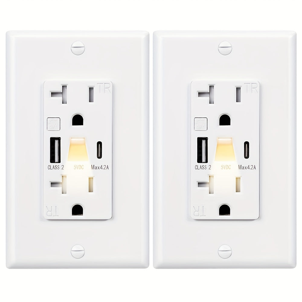 USB Wall Outlet with Night Light 20A 125V Tamper-Resistant - Type A & Type C Ports 5V 4.2A for Entryways, Bedrooms and Living Spaces