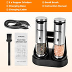 Electric Pepper Grinder Set of 2, Rechargeable with Charging Base, 6 Adjustable Coarseness Settings