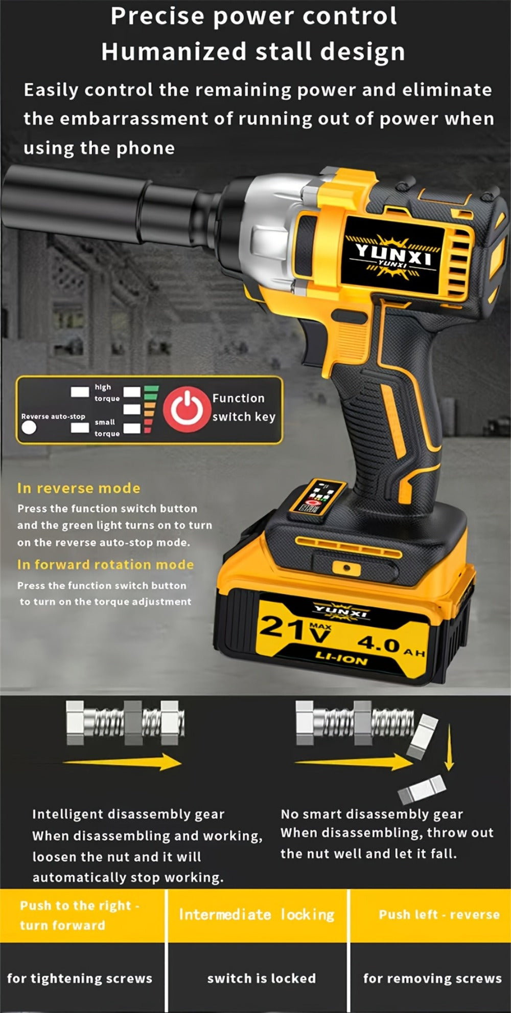 Power Tools YUNXI 21V Brushless Cordless Impact Wrench Kit with 4000mAh Battery and Configurable Accessories