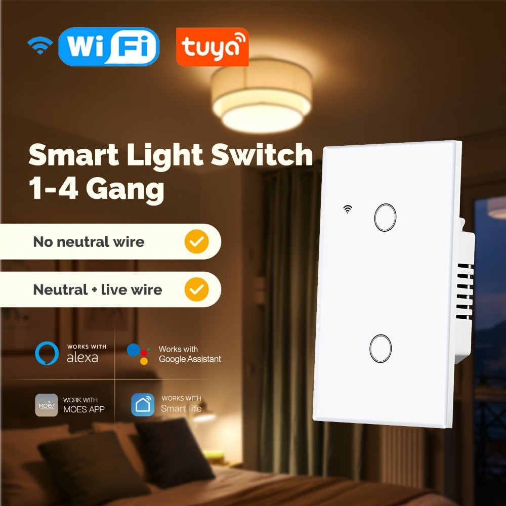 White WiFi Touch Wall Switch with One-, Two- or Three-Gang Options, 2.4GHz App Control and Dual Wiring Support