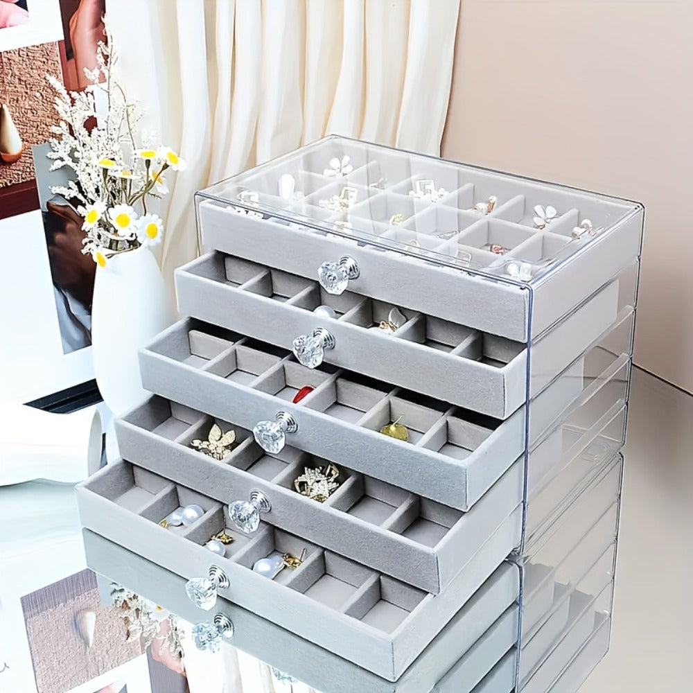 Jewelry Organizer 5-Tier 56-Grid Drawer Box in Gray or Beige for Rings, Earrings, Brooches and Hair Clips