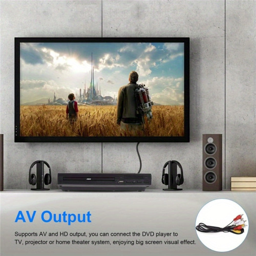 Compact Black DVD Player with USB Port, AV and Coaxial Outputs, Remote Control and RCA Cable for Older TVs