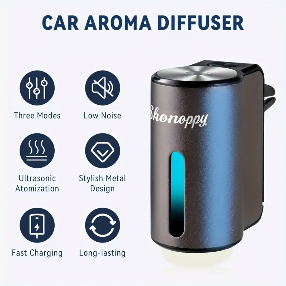 Car Air Freshener Serenepy Waterless Vent Diffuser with USB Power, Three Intensity Levels and 3- or 6-Bottle Options