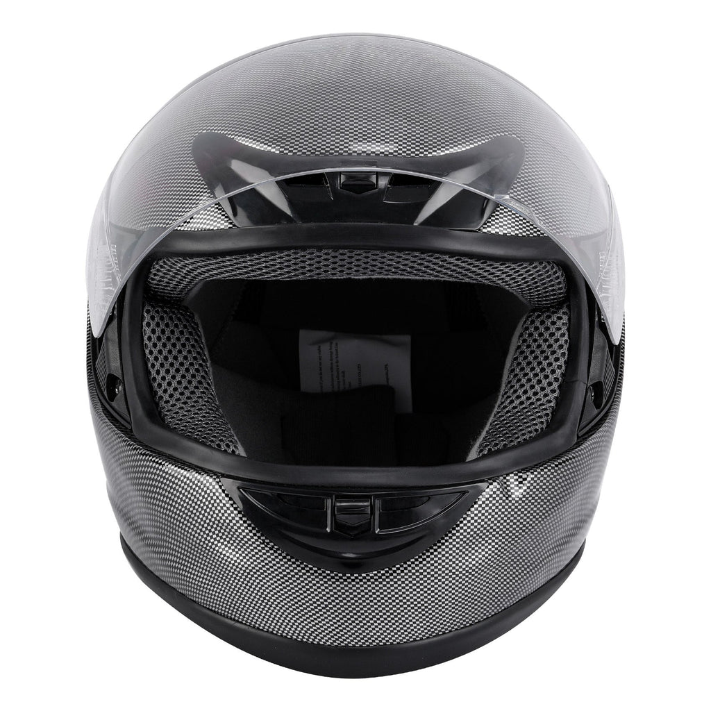Motorcycle Helmet TCMT Full-Face Black Shell with Clear Shield, S-XL Size Chart, Interior Padding and Rear Vents