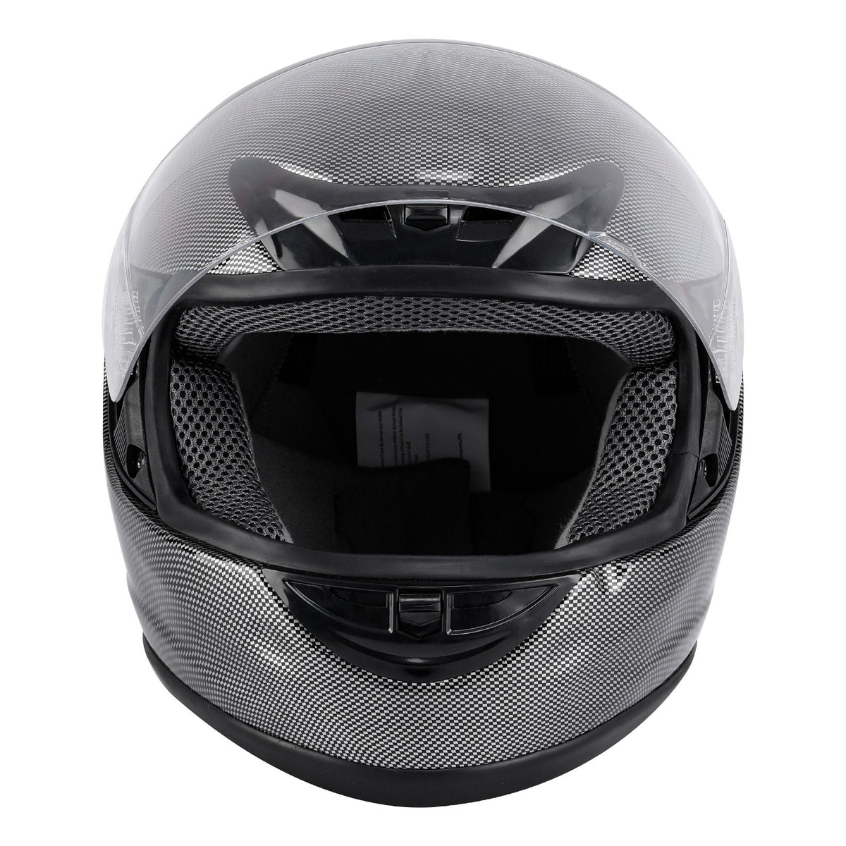 Motorcycle Helmet TCMT Full-Face Black Shell with Clear Shield, S-XL Size Chart, Interior Padding and Rear Vents