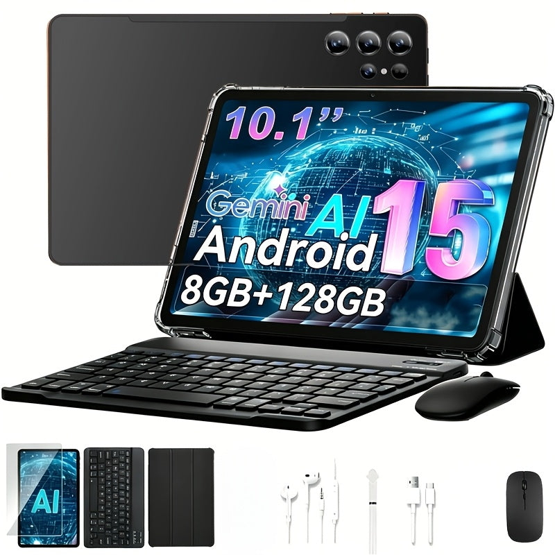 2-in-1 Tablet Android 15, 10.1 Inch Tablet with Keyboard Case Stylus, 8GB RAM 128GB ROM, 8000mAh Battery