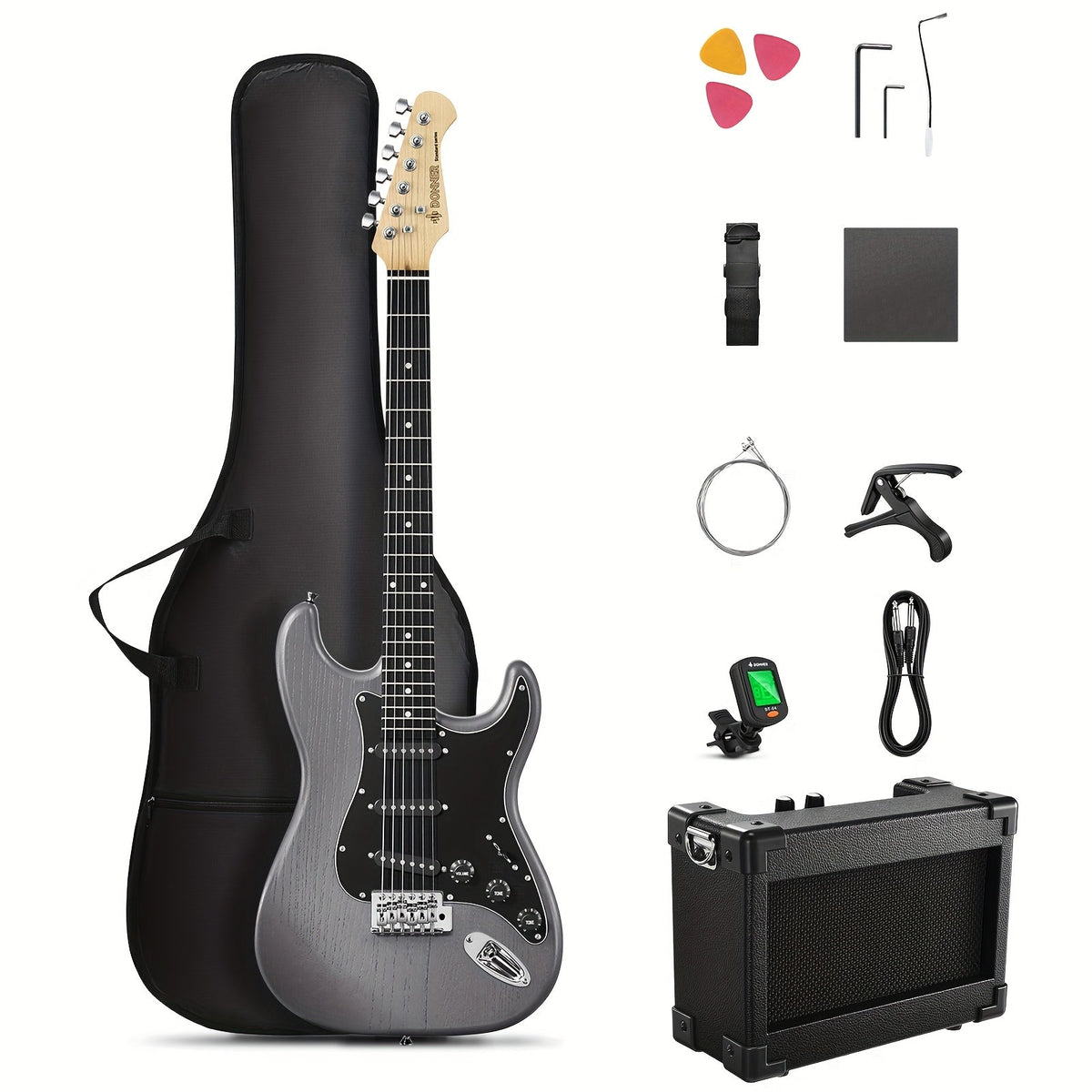 DST-80 Full Size Electric Guitar Kit with SSS Pickups and Amplifier shown in the Peat Black option