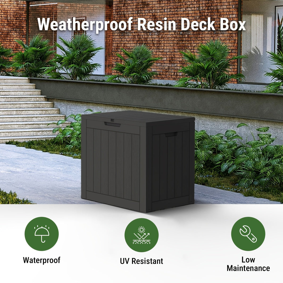 35-Gallon Deck Box with Wood-Grain or Rattan-Style Panels in Black or Light Brown Color Options