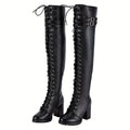 Women's Over-the-Knee Biker Boots, Faux Leather Thigh High Lace-Up Knee High Boots with Chunky Heel & Buckle