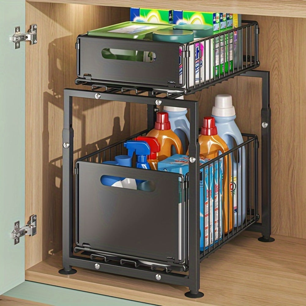 Under Sink Organizer 2-Tier Slide Out Pull Out Drawer Metal Basket Height Adjustable – Under Sink Cabinet Organizer for Kitchen Bathroom