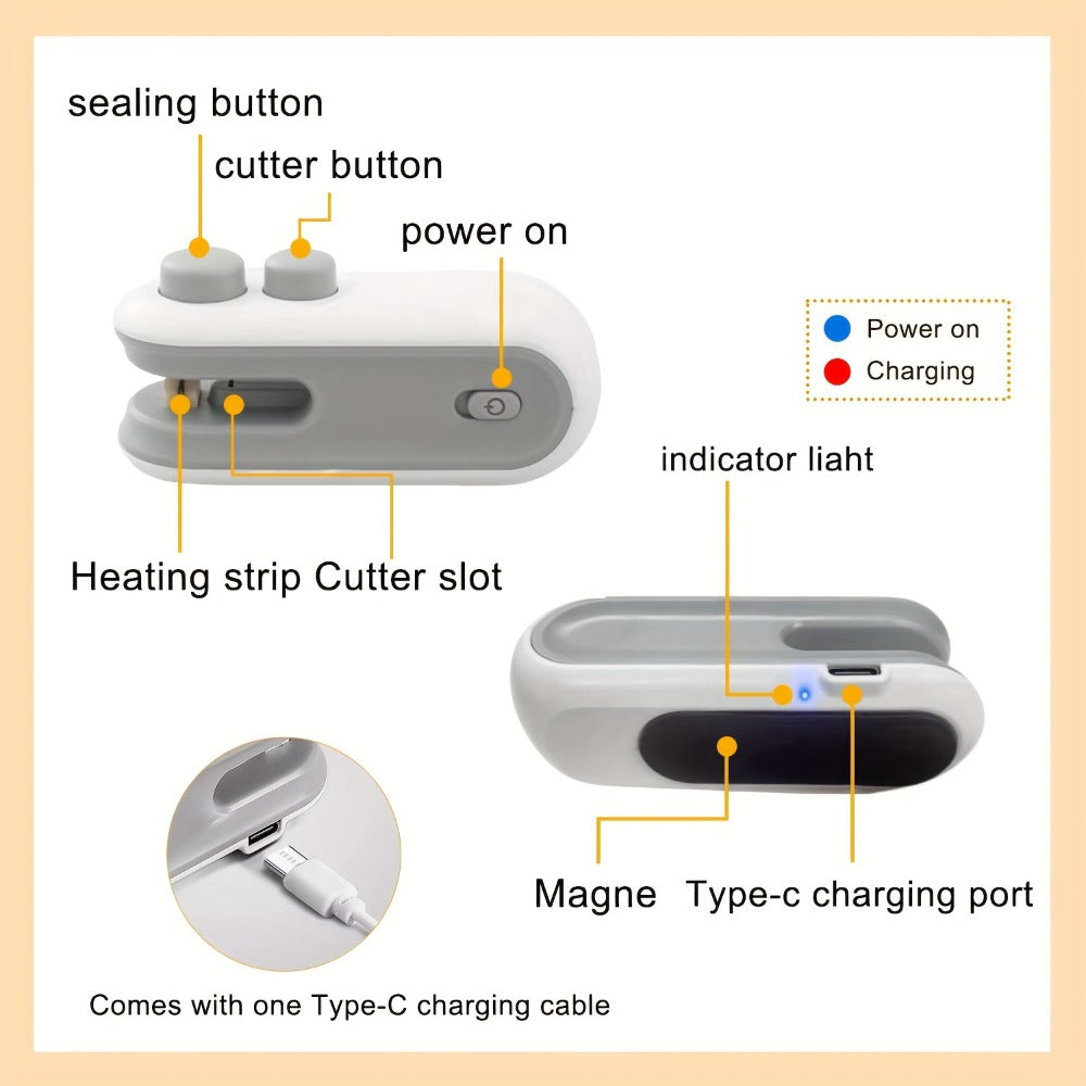 Mini Bag Sealer Two-Pack in White with USB-C Charging, Heat-Seal Button, Cutter and Magnetic Back