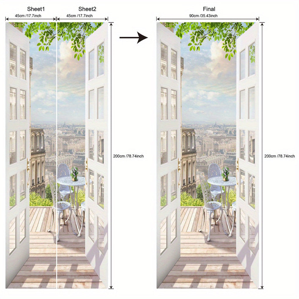 Balcony-View Door Mural Panel Set with Two 17.7-Inch Sheets and 35.43 x 78.74-Inch Final Scene