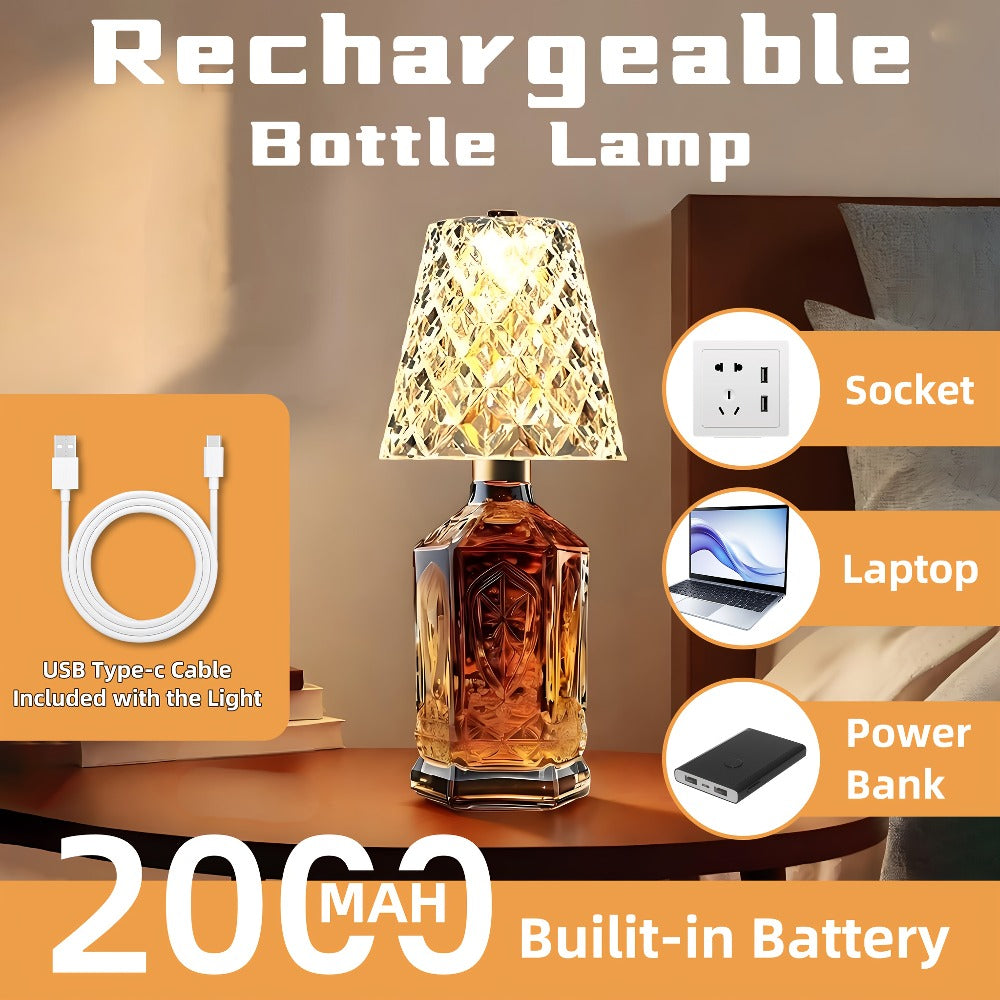 Rechargeable LED Bottle Table Lamp 2 Pack – Crystal Acrylic Wine Bottle Design, 2000mAh Cordless, 3 Color Modes
