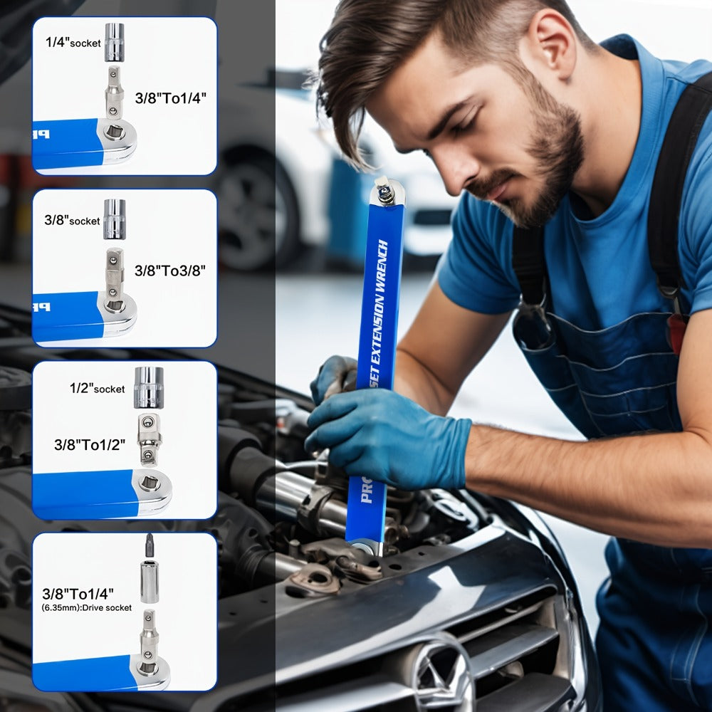 Ratchet Wrench 2-in-1 Offset Extension with 1/4" 3/8" 1/2" Square Head Adapters, 180-Degree Rotation High Torque Non-Slip Handle