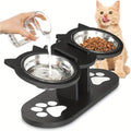 Elevated Cat Bowl – Adjustable Height Stainless Steel Raised Feeder with Anti-Spill Black Wooden Base, Indoor Food & Water Dish for Cats