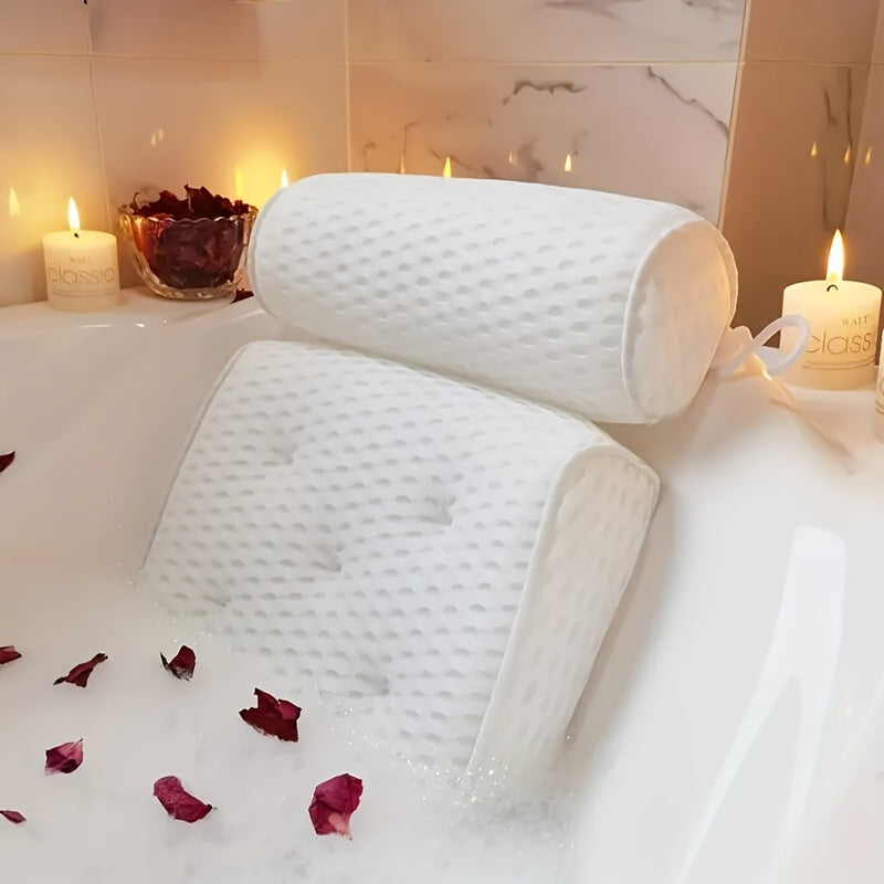 Bath Pillow 4D Grid Neck and Back Support Bathtub Cushion with 6 Suction Cups, Hooks, Quick-Dry & Machine Washable Spa Pillow for Tub