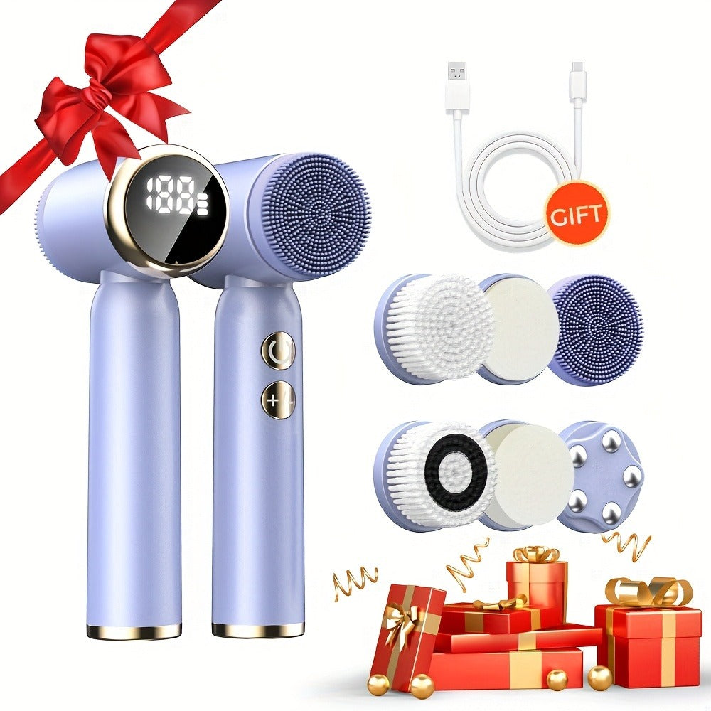 EMS Microcurrent Face Massager Device V-Face Lifting Double Chin Reducer Neck Rejuvenation 6-in-1 Brush Heads for Home or Salon Spa Use