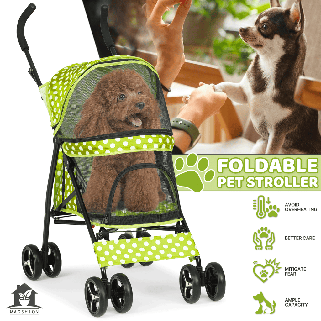 Four-Wheel Pet Stroller with Mesh Cabin, Folding Frame, Lower Basket and Ten Color or Print Options