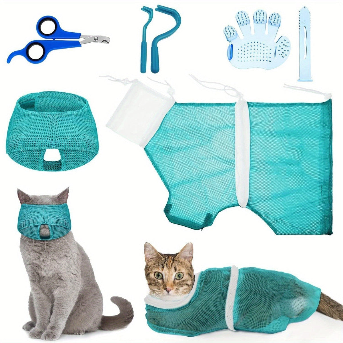 Cat Grooming Kit with Adjustable Green Bathing Bag, Nail Clippers, Comb, Massage Brush and Handling Accessory