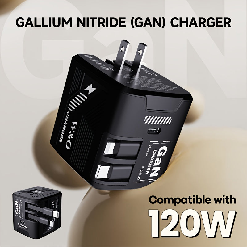 GaN Charger 120W with Lightning & Type-C Retractable Cables 47in, Foldable Plug USB-C Wall Adapter