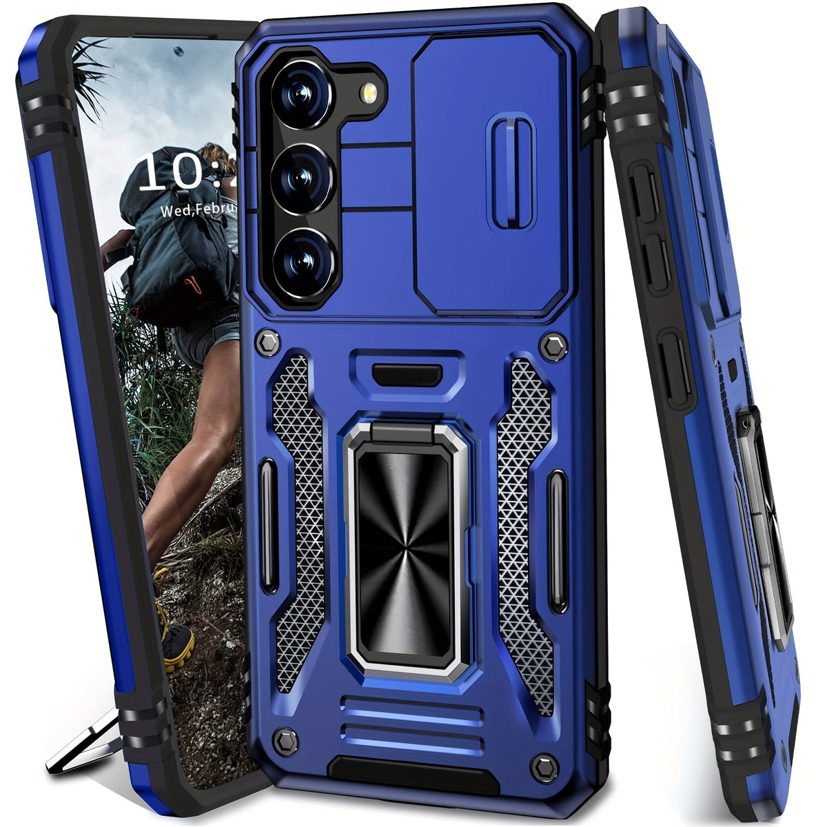 Samsung Galaxy Shockproof Magnetic Phone Case with 360° Rotating Ring Bracket & Sliding Lens Protector – Heavy Duty Cover for S24FE S23FE