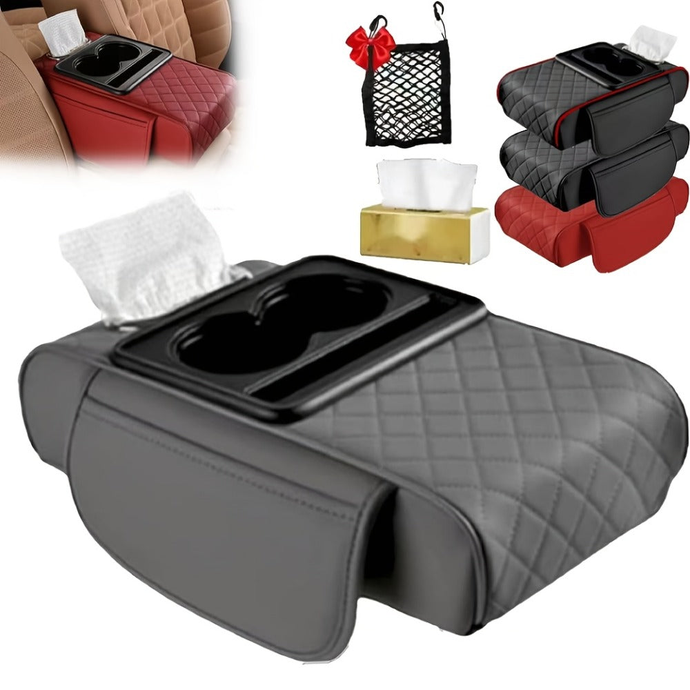 Center Console Armrest Organizer with Two Cup Holders, Tissue Slot, Side Pockets and Eight Color or Trim Options