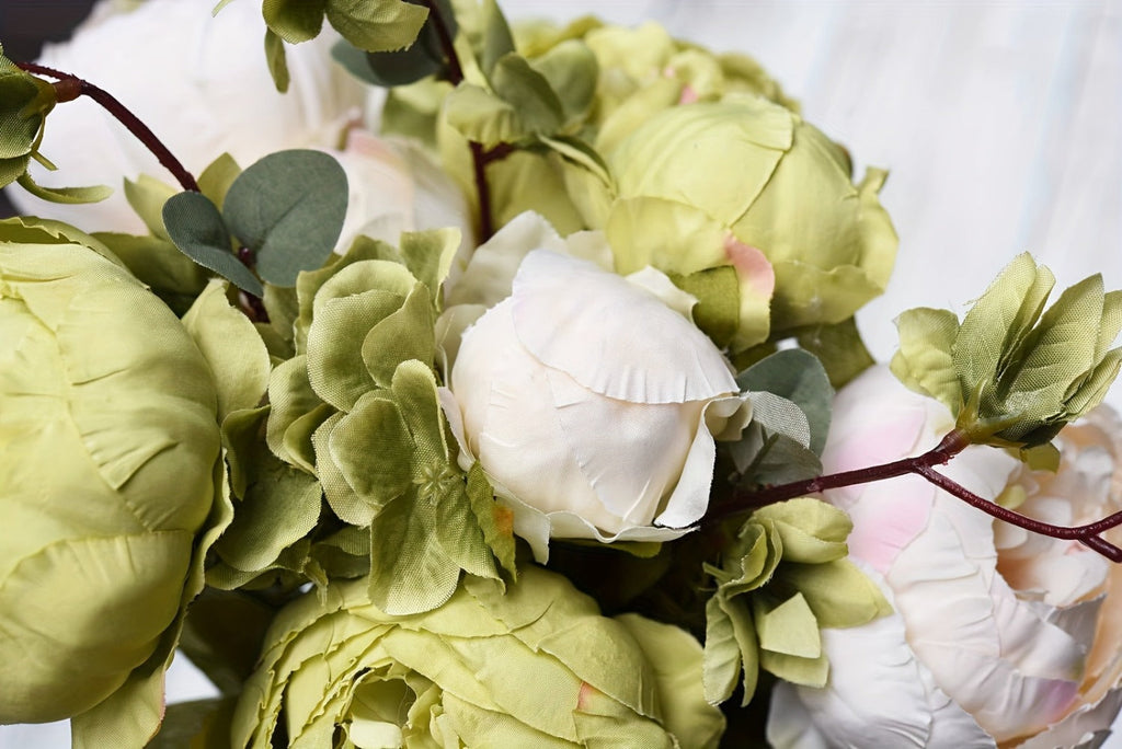 Artificial Flowers Vintage Peony and Hydrangea Bouquet in Beige and Green for Wedding and Home Decor