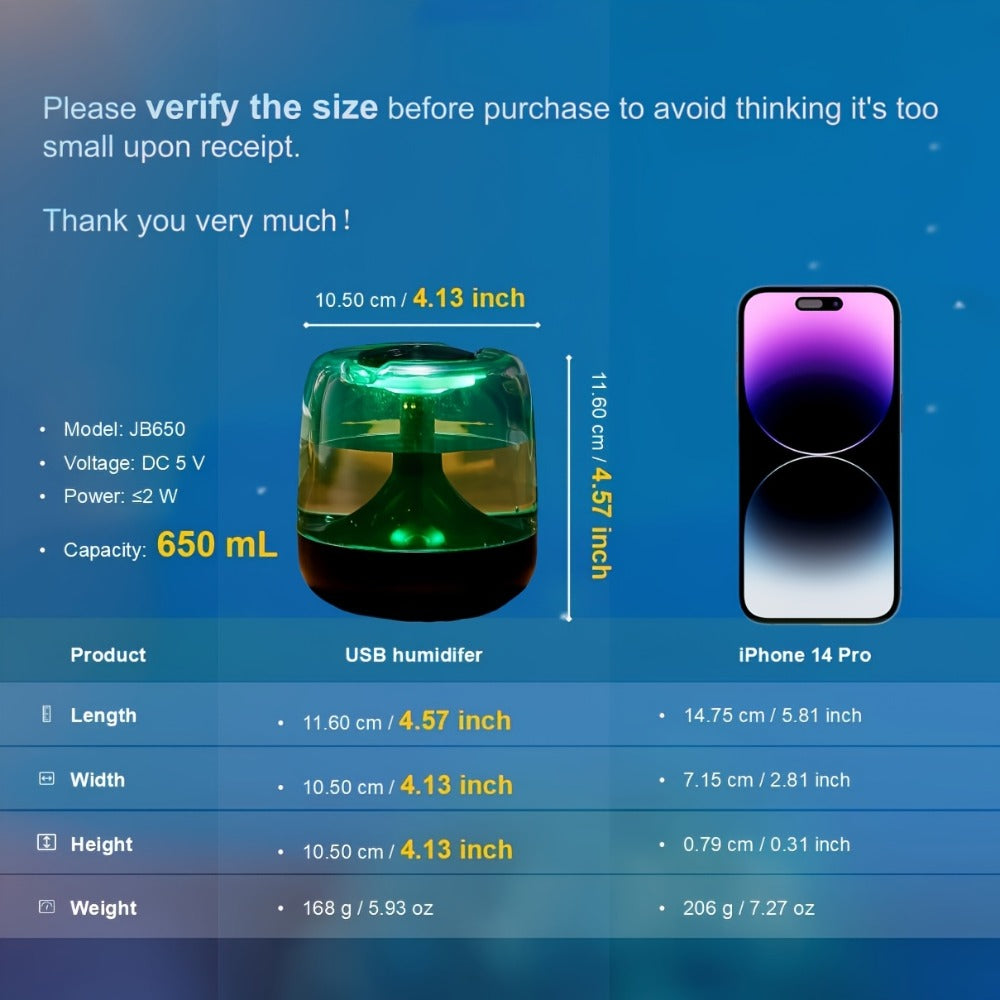 USB Humidifier with 7-Color Night Light for Entryways, Bedrooms and Living Spaces, with the Listed Configuration