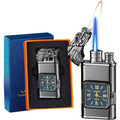 Double Flame Windproof Lighter Creative Retro Metal Lighter Dragon Eagle Gun Shape Quartz Dial Portable Outdoor Lighter Men Gift Box Butane