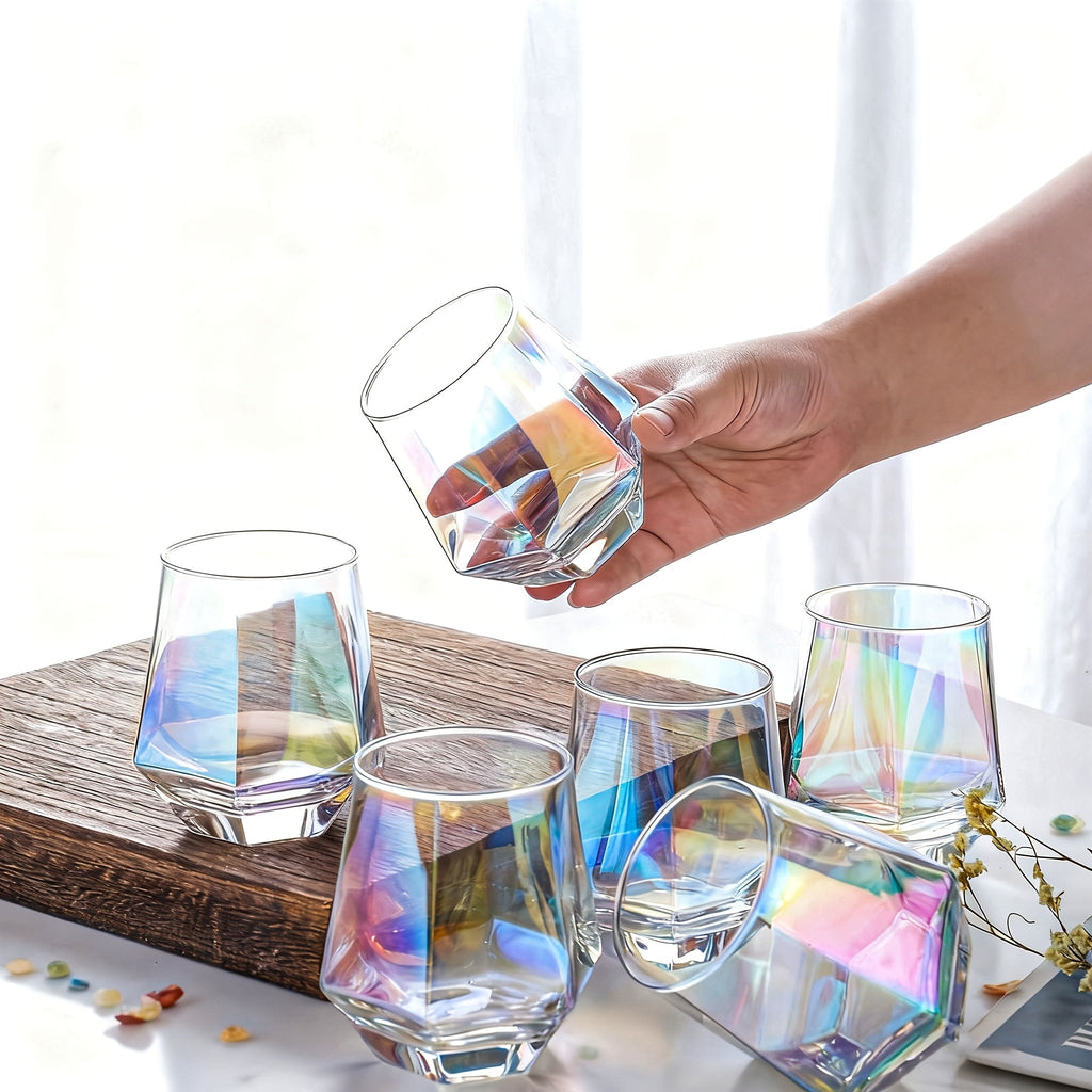 Six-Piece Iridescent Stemless Wine Glass Set with Faceted Bowls, Round Rims and Thick Clear Bases