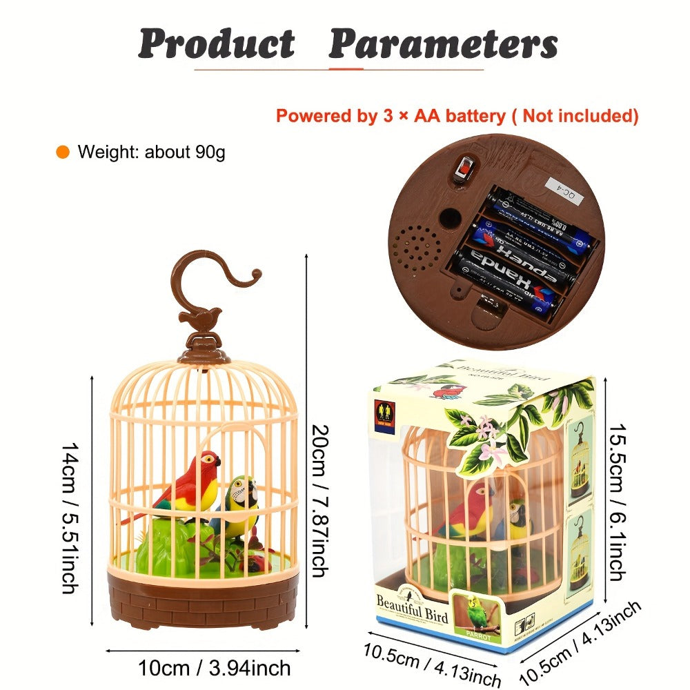 Mini Voice-Activated Birdcage Toy, Chirping & Wing-Fluttering Parrot, Interactive Sound-Responsive Animal Toy