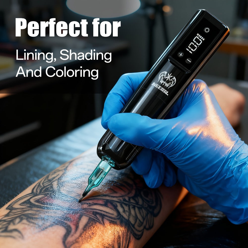 Cordless Rotary Tattoo Machine Kit Complete Set with Screen Display 6-8Hr Battery 20 Needles 7 Inks