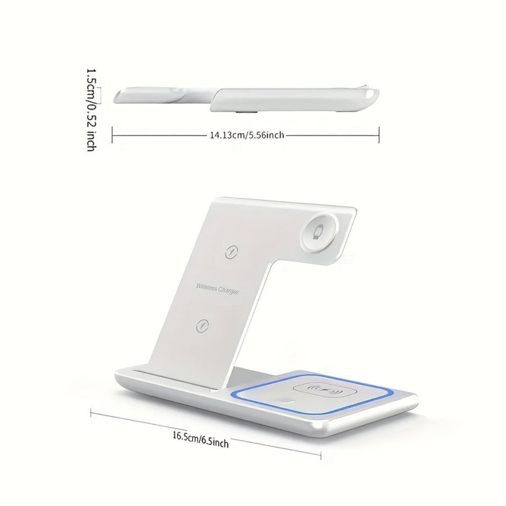 Wireless Charging Station, 3-in-1 15W Upright Stand with QC3.0 Adapter for iPhone, Watch and AirPods Models