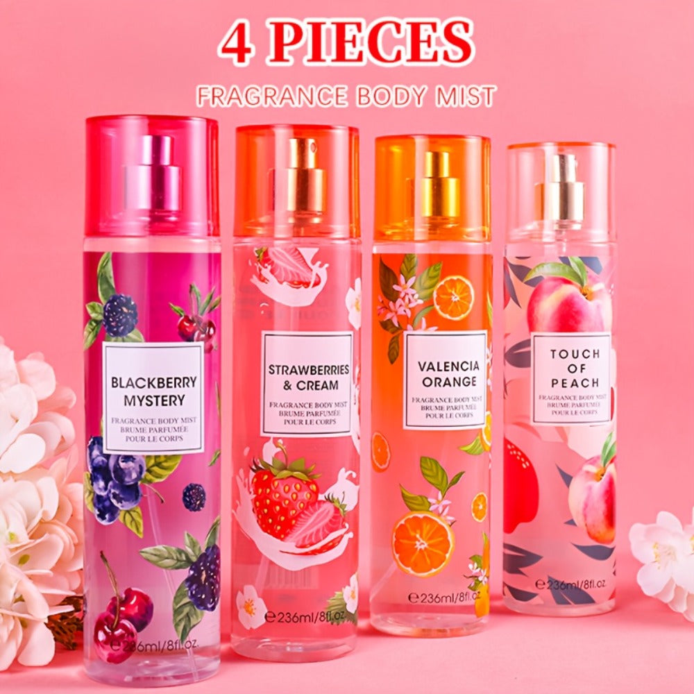 Body Spray for Women 4-Pack 8.4oz Each Hair Body Fragrance Mist Set 20 Floral Fruity Scents Daily Use Gift Value Bundle 250ml Per Bottle