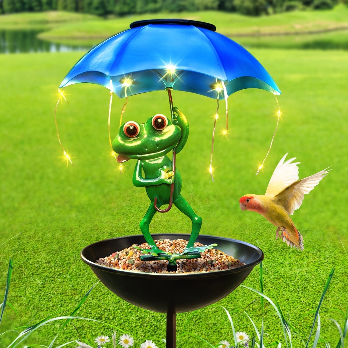 Solar Garden Decor Frog with Umbrella LED Light, Iron Frog Outdoor Statue with Solar Powered LED