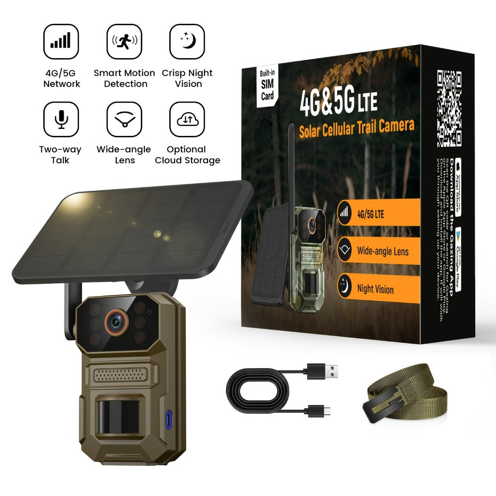 Solar Cellular Trail Camera 1920P No WiFi, 4G LTE Wildlife & Property Monitoring, PIR Motion Sensor