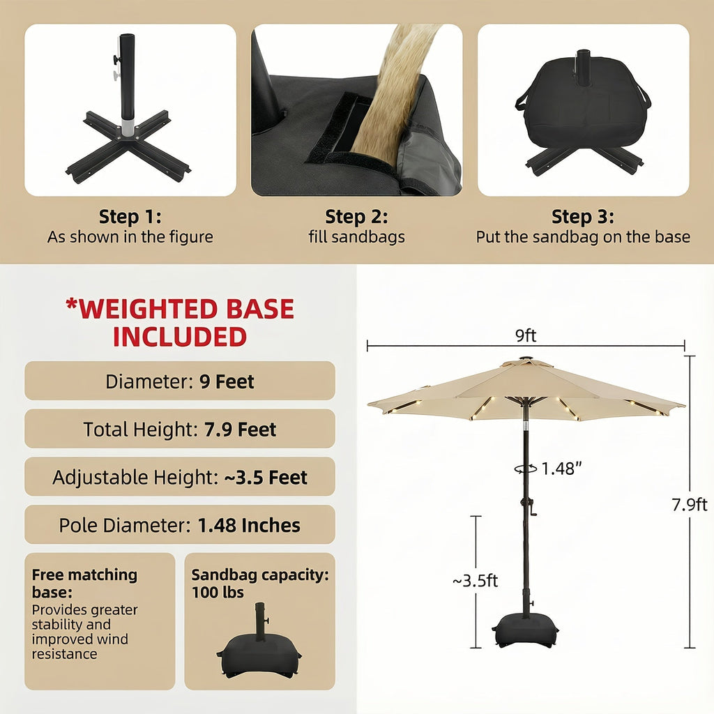 Patio Umbrella 9FT Solar LED Style with 32 Lights, Double Vent, Push Tilt, Crank and Eight Color Options
