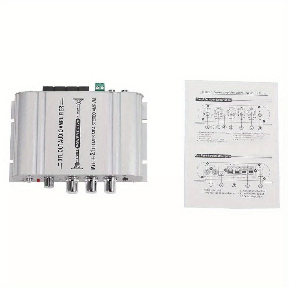 400W Car Audio Amplifier 2.1 Channel 12V Vehicle Sound System Stereo Bass Booster with Aluminum Alloy Housing
