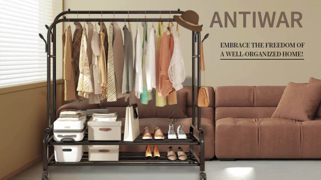 Black or Gold-Color Double-Rod Clothing Rack with Wheels, Side Hooks and 150 x 110 x 46 cm Frame