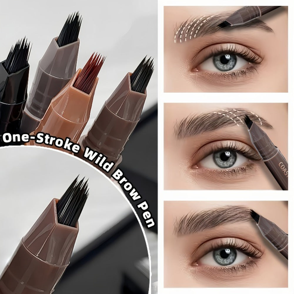 Four-Pack Multi-Fork Tip Eyebrow Pens in Four Color Labels with Capped Bodies and Approx. 11.3 cm Length