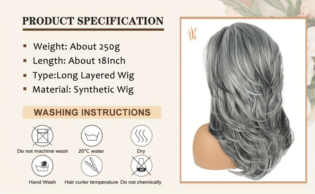 Synthetic Wig 18-Inch Layered Silvery Waves with Highlights in Two Colors and Rose Net Cap