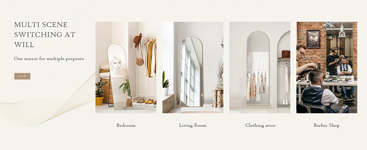 Full-Length Floor Mirror in 59 × 16 or 64 × 21 Inch Arched and Rectangular Black or Gold Frame Options