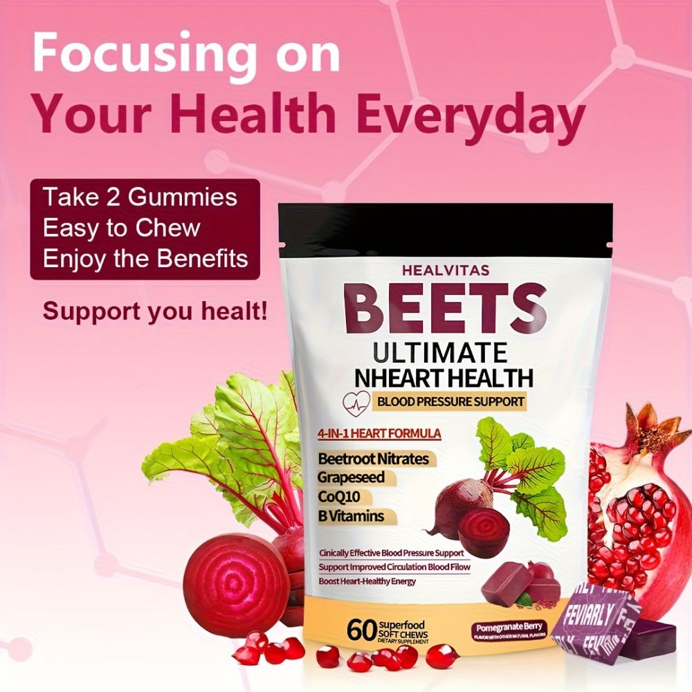 Beetroot Gummies with CoQ10 & Multi-Vitamins, 4-in-1 Heart Health & Blood Pressure Support Supplement